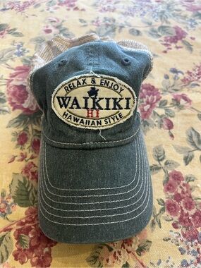 Blue 84 Waikiki Hawaii Trucker Hat Distressed Washed Slate Blue Mesh Snapback